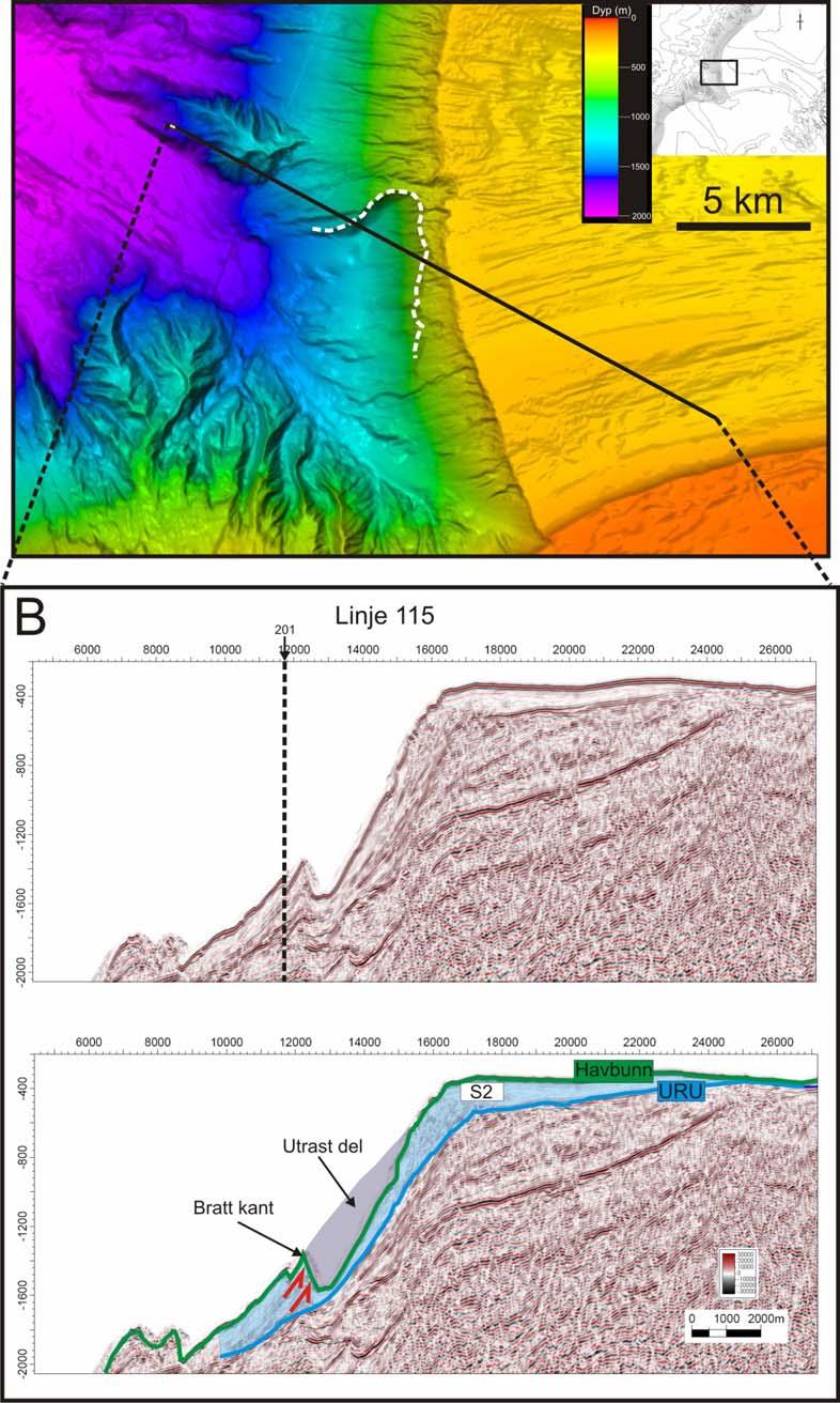 Seismisk stratigrafi Kapittel 5 Figur 5-19: A: Batymetri av ytre del av Malangsdjupet og skråninga utenfor. Hvitstiplet linje markerer bakkanten av et ras. Seismisk linje i B indikert.
