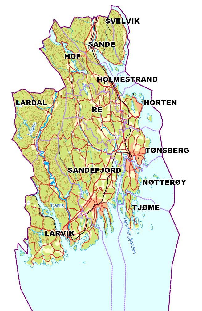 Kart over Vestfold pr. 01.01.17 gjøres fort løpende, men arbeidet tar utgangspunkt i at det enkelte utfordringsområdet bare behandles i én regional plan.