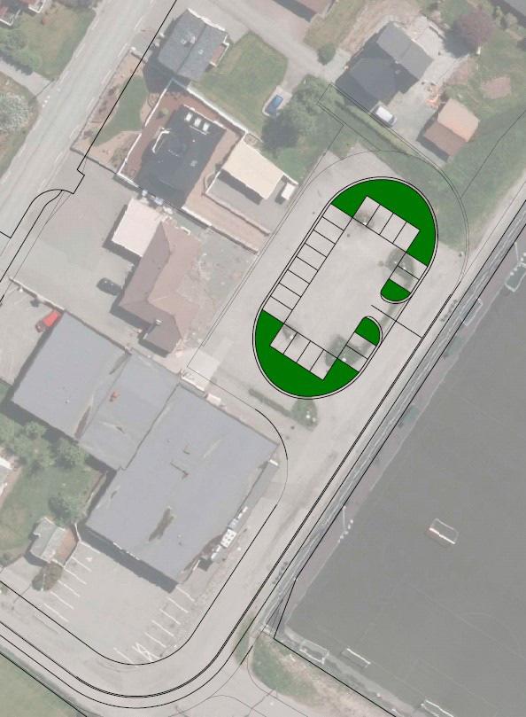 Illustrasjon over mulig utforming av parkeringsplass bak Kiwi Parkeringplass sør-øst v/stangeland ungdomsskole Parkeringsplass lengst sør- øst i området skal utvides.