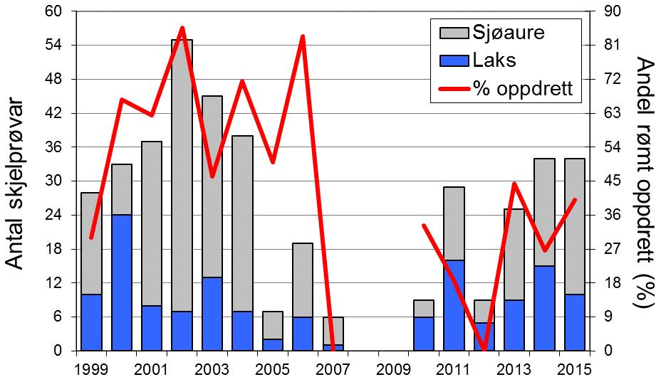 Fangst av laks og sjøaure i Indrehuselva i perioden 1986-2015 (stolpar). Det er skild mellom smålaks (<3 kg, grøn), mellomlaks (3-7 kg, raud) og storlaks (>7 kg, svart).
