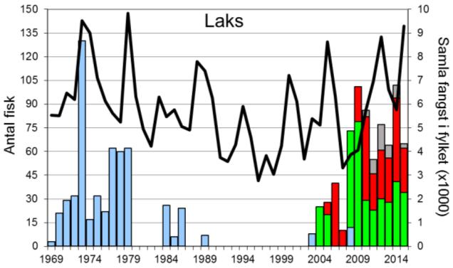 Skjel 2015 FANGST OG SKJELPRØVAR I ÅRDALSVASSDRAGET Fangststatistikk Gjennomsnittleg årsfangst av sjøaure i perioden 1969-2015 var 261 fisk (snittvekt 2,0 kg; figur 1, stolpar).