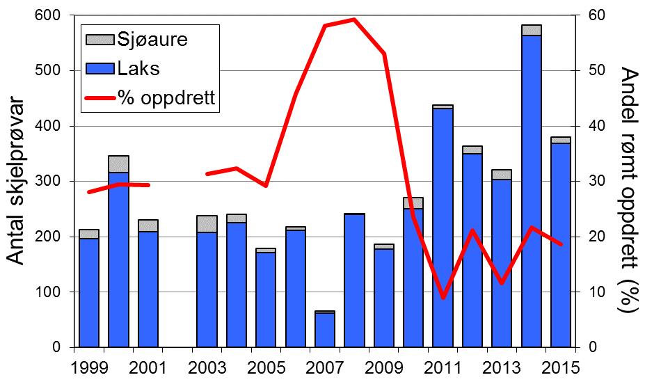 Det er ein svak samanheng mellom utviklinga for sjøauren i Vikja og fylket elles frå midt på 1990- talet. FIGUR 1. Fangst av laks og sjøaure i Vikja i perioden 1969-2015 (antal, stolpar).