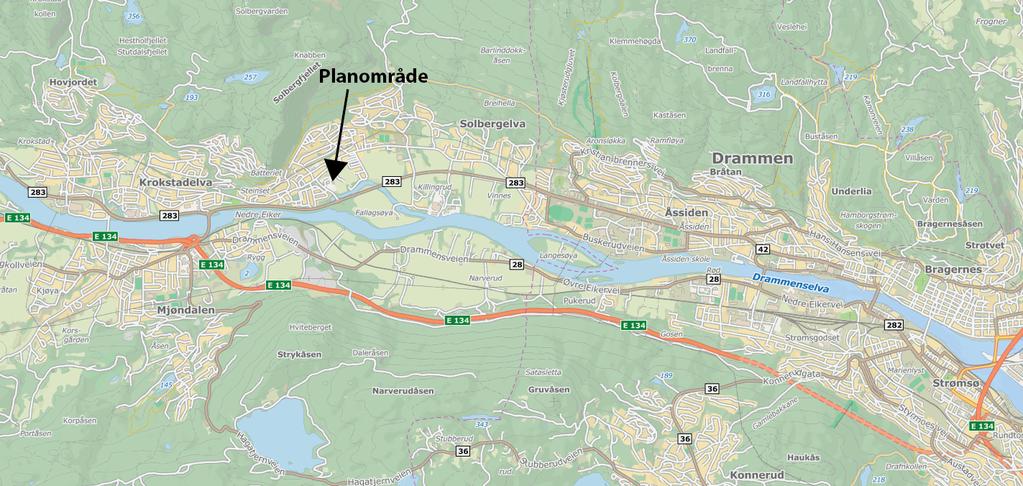 Side 3 av 21 DAGENS SITUASJON Figur 1-1 Lokalisering av planområde i Nedre Eiker 1.