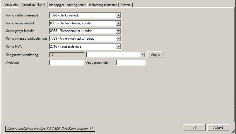 Fane 2: Regnskap konti 6 Sett inn de hovedbokskonti du har opprettet eller ønsker å bruke: 1550 Mellomværende Visma Collectors 8055 Renteinntekt 8056 - Gebyrinntekt 7791 Purre-og Inkassokostnader