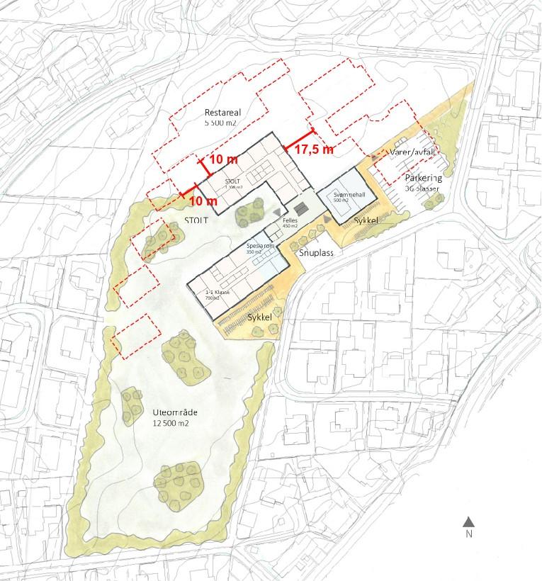 Løsning B. Alternativ 5 fra mulighetsstudiet. Plassering av nybygg i nord mellom eksisterende bygninger for å redusere behovet for midlertidige lokaler.