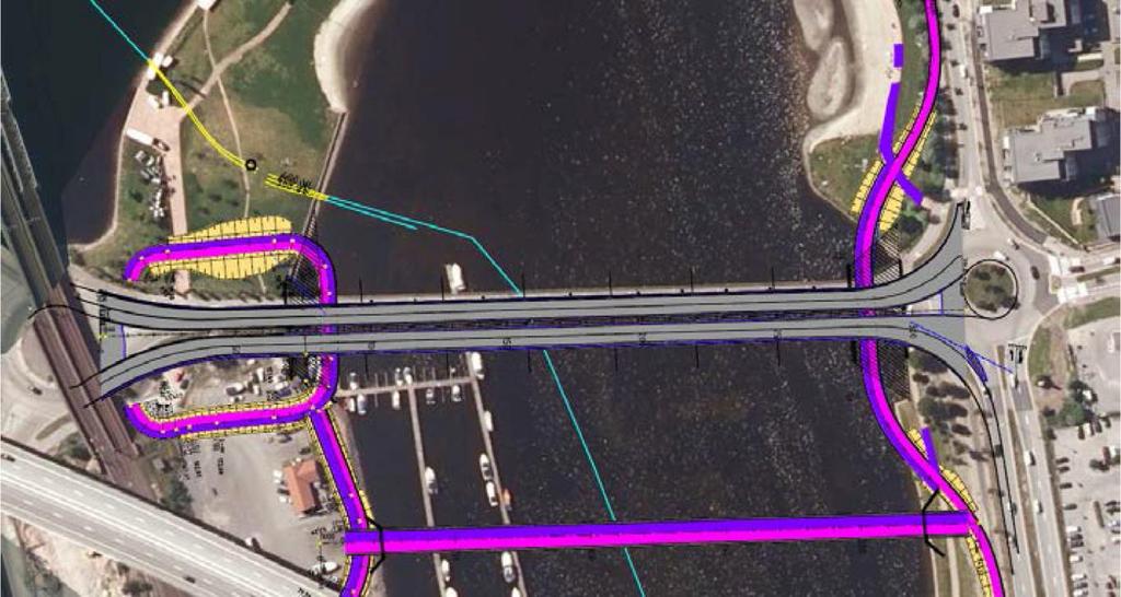 Gang- og sykkelløsninger for Holmenbrua Alternativ 3: Separat gang- og sykkelbru parallelt med ny Holmen bru, nedstrøms for brua Arealbeslag på Holmen (motorbåtforeningens område) og