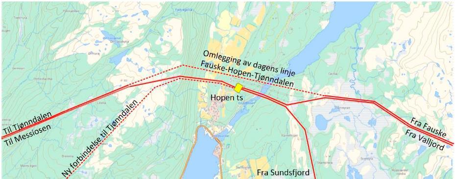 Side 14 3.1.5 Omlegging ved Hopen transformatorstasjon Kart 5: Omlegging av 132 kv ledningen Fauske-Hopen-Tjønndalen.