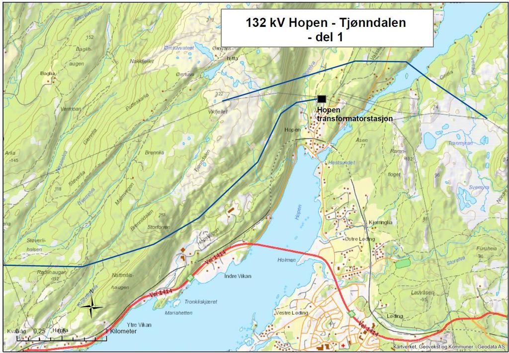 Side 5 1.3.1 Ny 132 kv forbindelse Hopen Tjønndalen Over en strekning på 5,4 km mellom Hopen og Breiva er den nye 132 kv ledningen omsøkt som luftledning.