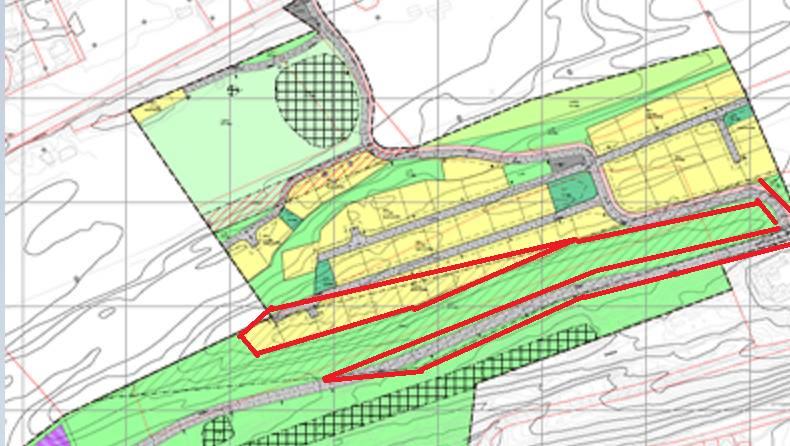 Figur 4 Markert område (røde streker) viser boligområde som er planlagt i hensynssone for reindrift, og adkomstvei til industriområde og boligområde også i henynssone reindrift.