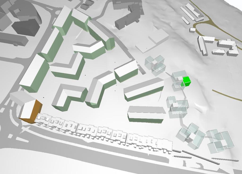 Figur 2-3D-modell lagt til grunn for støyvurdering. De tre byggene parallelt med Haakon VIIs gate er beholdt som tidligere, se figur under.