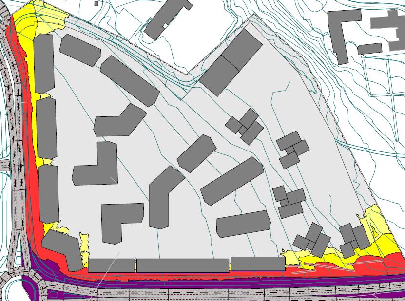 Figur 5 viser støysonekart for området, L den, beregnet i 4 meters høyde over terreng med planlagt bebyggelse (se også vedlegg).