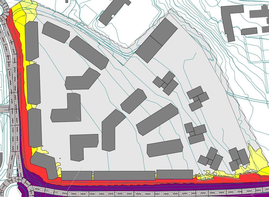 4.2 Støynivå på utendørs oppholdsareal Det er utført beregninger av utendørs støynivå på uteareal, se Figur 6. Gul farge viser overskridelse av gjeldende grenseverdi.