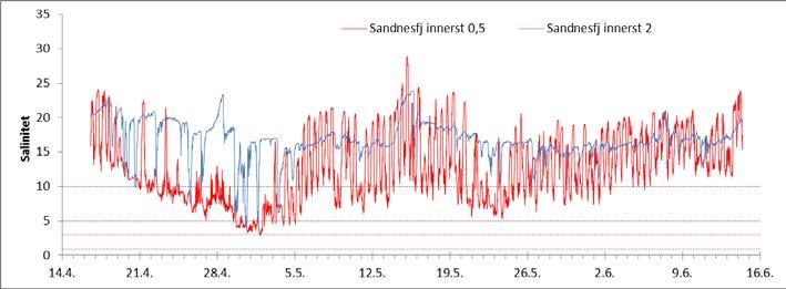 Figur 15. Kontinuerlig logging av salinitet (hver 10 min) på 0,5 og 2 m dyp i sundet mellom Songevatn og Nævestadfjorden, på utløpet av Nævestadfjorden (Doknes) samt etter 1. basseng i Sandnesfjorden.