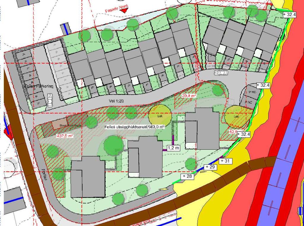 5 Resultat 5.1 Uteområder på bakkenivå Den østlige delen av det felles uteoppholdsarealet ligger utsatt til for støy fra Ytrebygdsvegen.