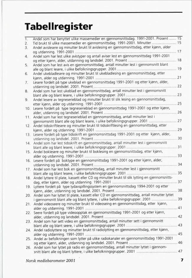 Tabell reg ister 1. Andel som har benyttet ulike massemedier en gjennomsnittsdag. 1991-2001. Prosent 1 2. Tid brukt til ulike massemedier en gjennomsnittsdag. 1991-2001. Minutter 1 3.