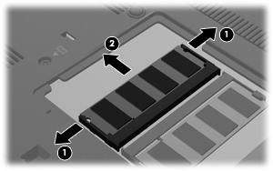 b. Ta tak i kantene på minnemodulen (2), og trekk den forsiktig ut av minnemodulsporet. Plasser minnemodulen i en anti-elektrostatisk pose for å beskytte den etter at du har tatt den ut. 10.