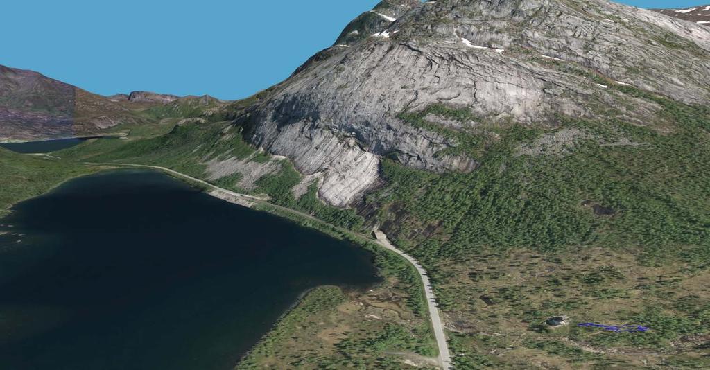 Foto 3: Oversiktsbilde over søndre påhuggsområde fra http://www.norgei3d.no, sett mot nord. Omtrentlig påhugg er markert med rødt.