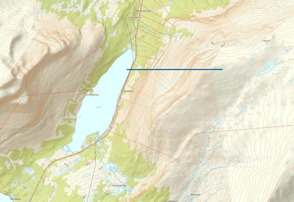 Figur 1: Snittprofil Eiavasstind Tverrprofil av topografi 50876-GEOL-08 for å illustrere bergspenninger E6