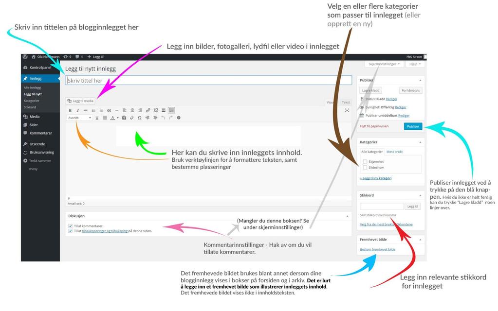 Hvordan legge til et blogginnlegg: Dette kartet viser deg hva som er hvor i innleggseditoren.