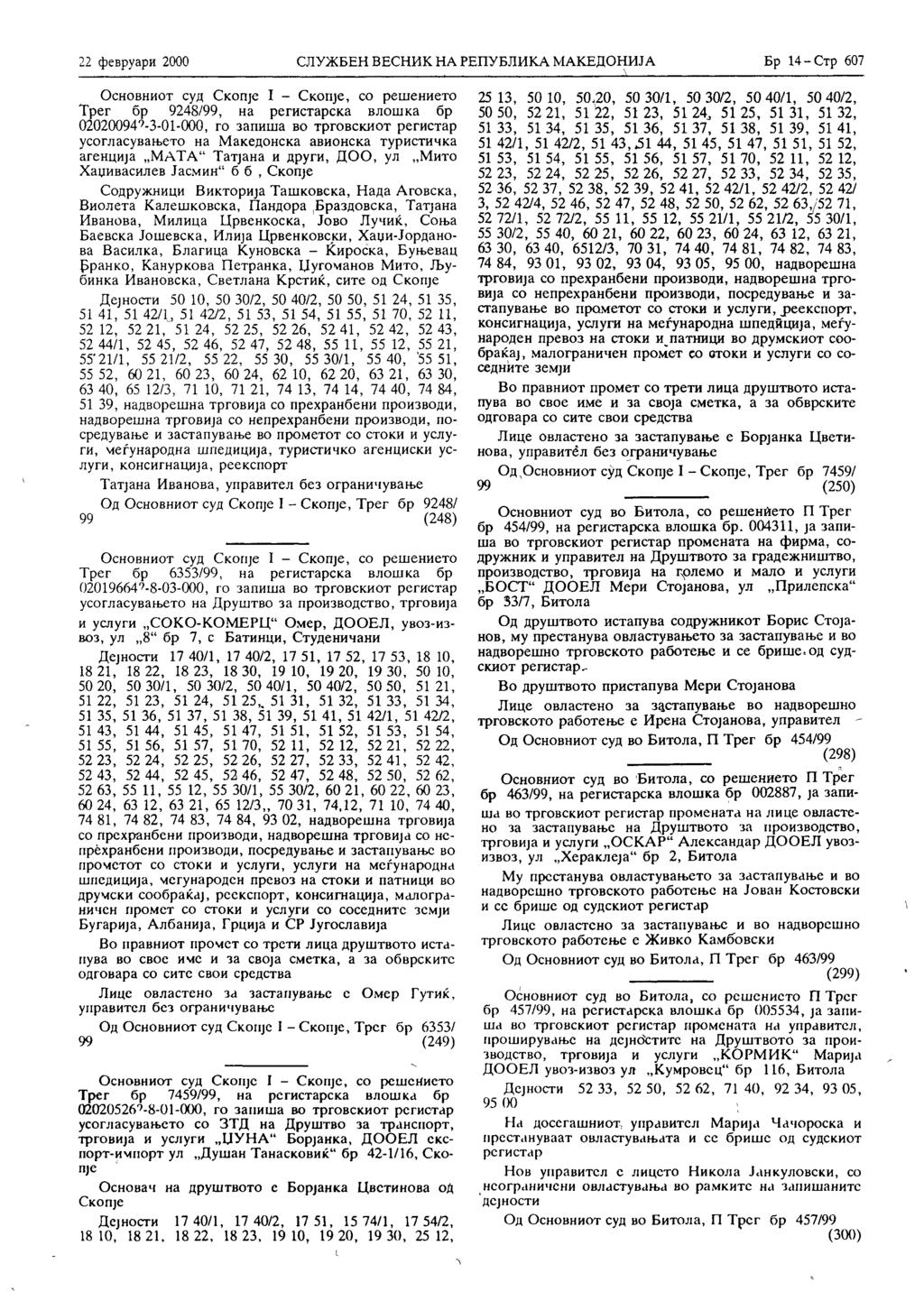 22 февруари 2000 СЛУЖБЕН ВЕСНИК НА РЕПУБЛИКА МАКЕДОНИЈА Бр 14-Стр 607 Основниот суд СкопЈе I - СкопЈе, со решението Трег бр 9248/99, на регистарска влошка бр 02020094 7-3-01-000, го запиша во