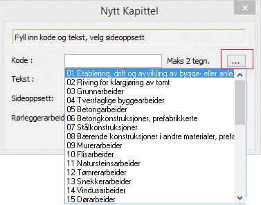 Listen over bygningsdeler (2 eller 3 siffer) er styrt av hva som er satt i Prosjektoppsett => Kontoplan layout