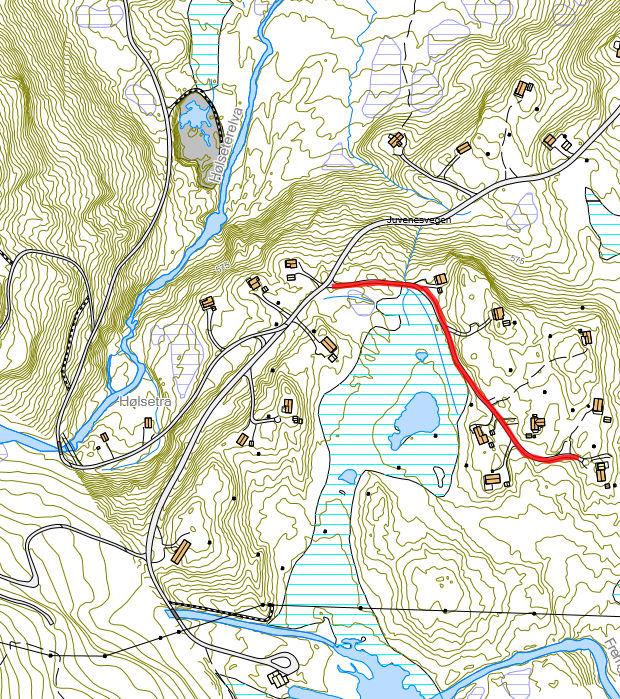 30: Vegen går fra Juvenesvegen mot tjern ved Hølsetra.