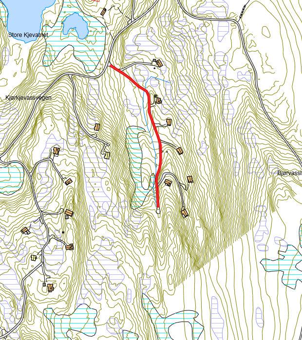 4: Veg fra Kjørkjevassvegen til hytter, mot toppen av Bjørvasslia.