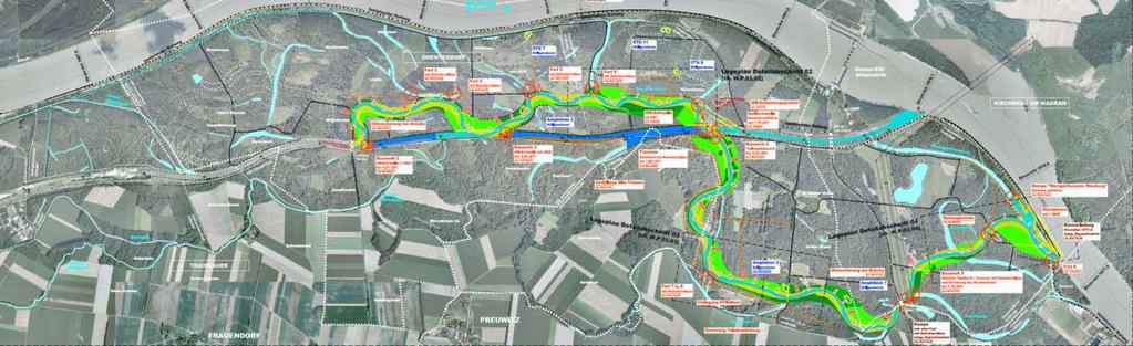 LIFE+ Traisen - Lageplan 9,4 km neues Flussbett (MW-Bett: 25 m-40 m HQ1-Bett: 60 m) Umlandabsenkung ( Silberweidenau)