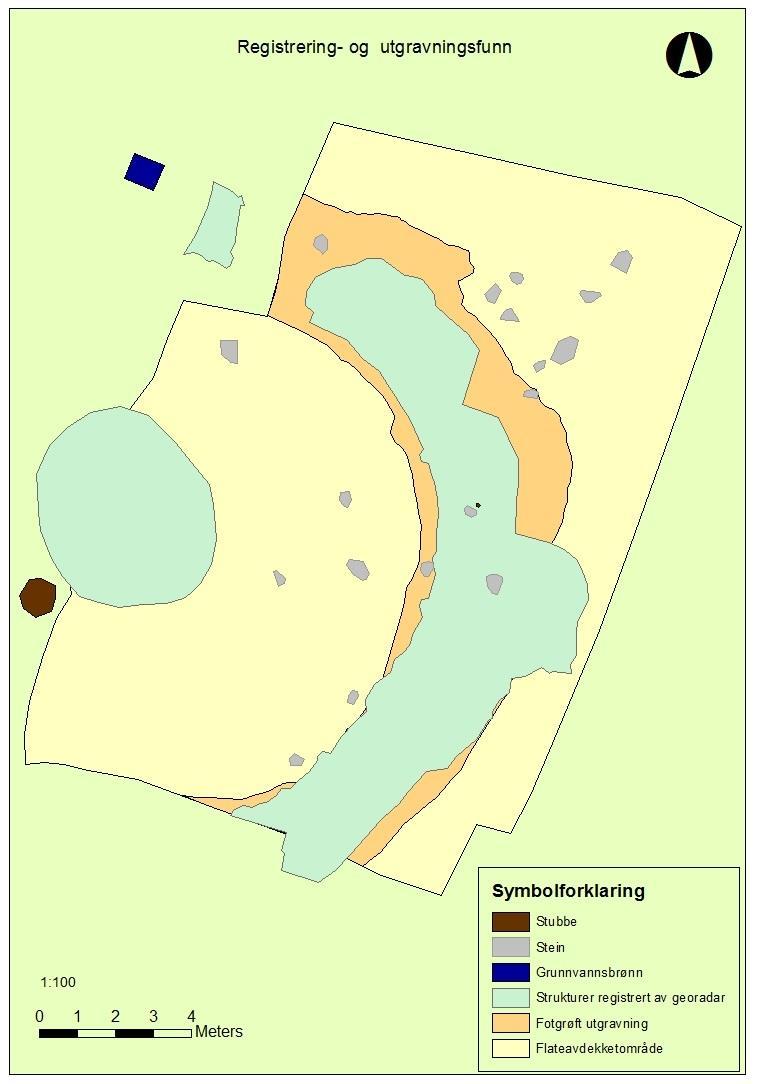 Figur 7; Oversiktskart med georadarmål og innmåling fra utgravningen (Kartgrunnlag: