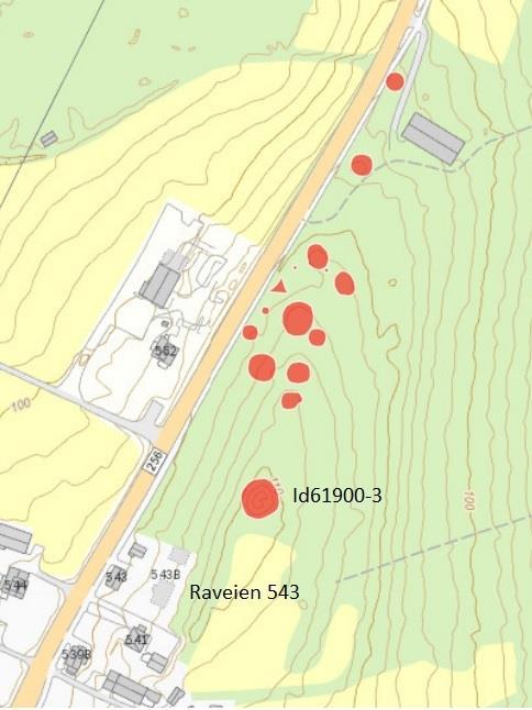 haugfyll. Det ble derimot avdekket deler av en godt synlig fotgrøft som fastslår at det tidligere har stått en gravhaug i Raveien 543.