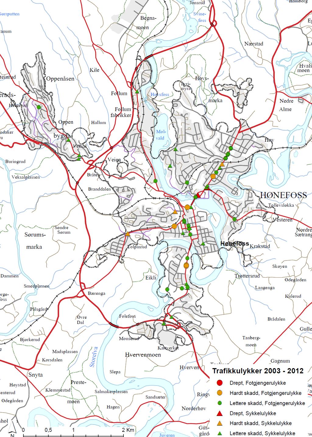 Kartet nedenfor viser politiregistrerte ulykker mer gående og syklende innenfor by/tettstedsområdet Hønefoss (SSBs