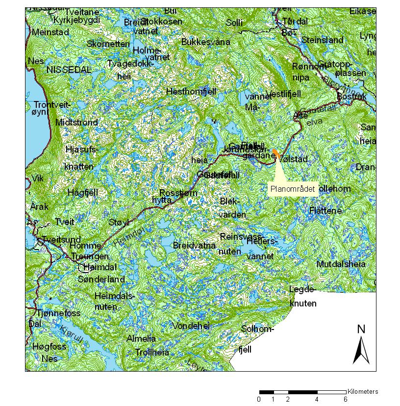 Figur 2: Kartet viser planområdets beliggenhet ved Rv 358 mellom Bostrak og Treungen.