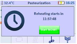 4. Rett før pasteuriseringen er ferdig, og melken har nådd foringstemperatur vises dette bildet 11timer 37 minutter 48 sekunder til gjennoppvarming skal skje.