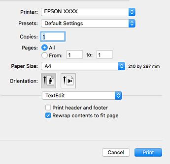 Nettverkstjeneste og programvareinformasjon Veiledning for skriverdriveren for Mac OS X Dialogboks for utskrift Bruk hurtigmenyen midt på skjermbildet til å vise flere alternativer.