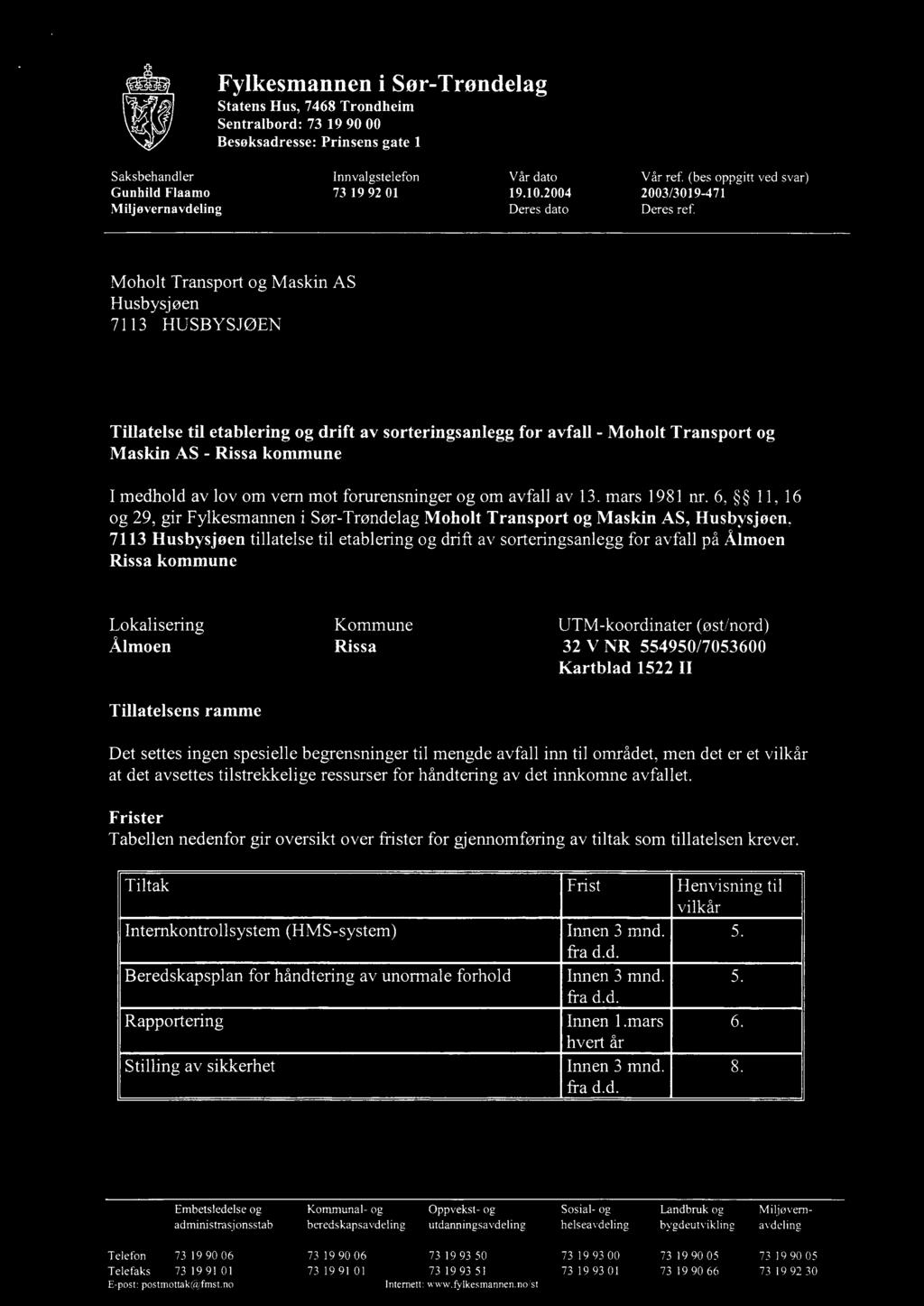 Moholt Transport og Maskin AS Husbysjøen 71 13 HUSBYSJØEN Tillatelse til etablering og drift av sorteringsanlegg for avfall - Moholt Transport og Maskin AS - Rissa kommune I medhold av lov om vern