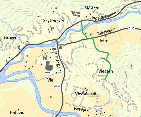 6.2.13 Frå Slåtten skule til Vieåsen Trase som er bygd ferdig som gang- sykkelveg mellom Tefrevegen og Angedalsvegen med bru over Anga. Frå Tefrevegen til Vieåsen i samsvar med reg.