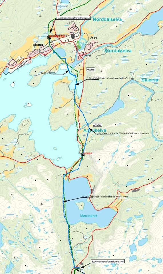 Side 4 2.2 Endringer av regionalnettet i Åfjord 2.2.1 Hubakken-Åfjord Figur 2: Trasé Hubakken-Åfjord. Grønn trasé: eksisterende 66 kv ledning. Blå heltrukken trasé: omsøkt kabel.