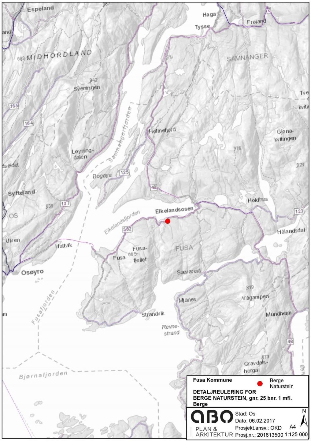 5. SKILDRING AV PLANOMRÅDET DAGENS SITUASJON 5.1 Lokalisering Planområdet er lokalisert på Skoltane, Berge, i Fusa kommune på gnr. 25, bnr, 1 mfl., og ligg ca 4 km frå Eikelandsosen og ca.