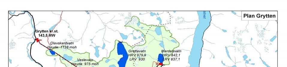Figur 2. Kart som viser Gryttenutbyggingen. Elva ovenfor Eikesdalsvatnet heter Aura (figur 3). Nedenfor Litlevatnet faller Aura bratt i en strekning på ca.