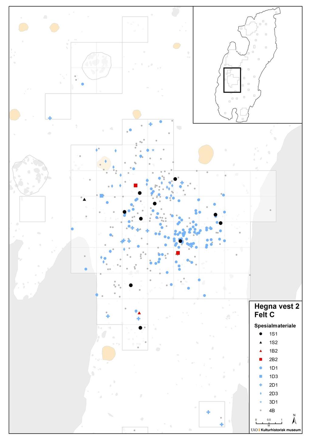 21/2 og 39/1., Bamble kommune 2013/398. Figur 19 Kartet viser fordelingen av de ulike flinttypene på felt C.