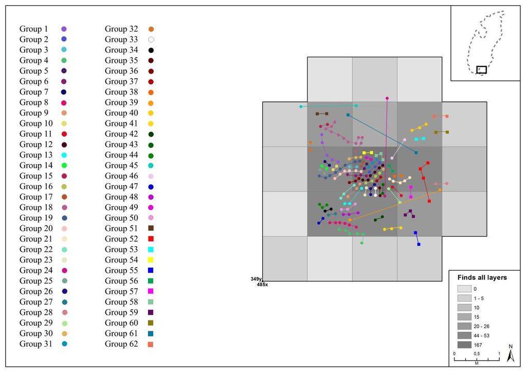 21/2 og 39/1., Bamble kommune 2013/398. analysert i sin helhet, viser de ulike sammenføyningsgruppene flere separate og ufullstendige reduksjonssekvenser.