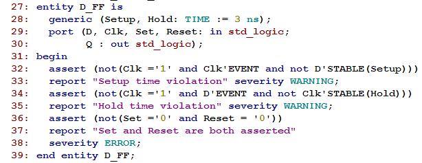 Timing og logikksjekk (sim) Stable attributtet kan benyttes for å sjekke set-up og holde-tider Returner TRUE dersom signal har vært stabilt >=