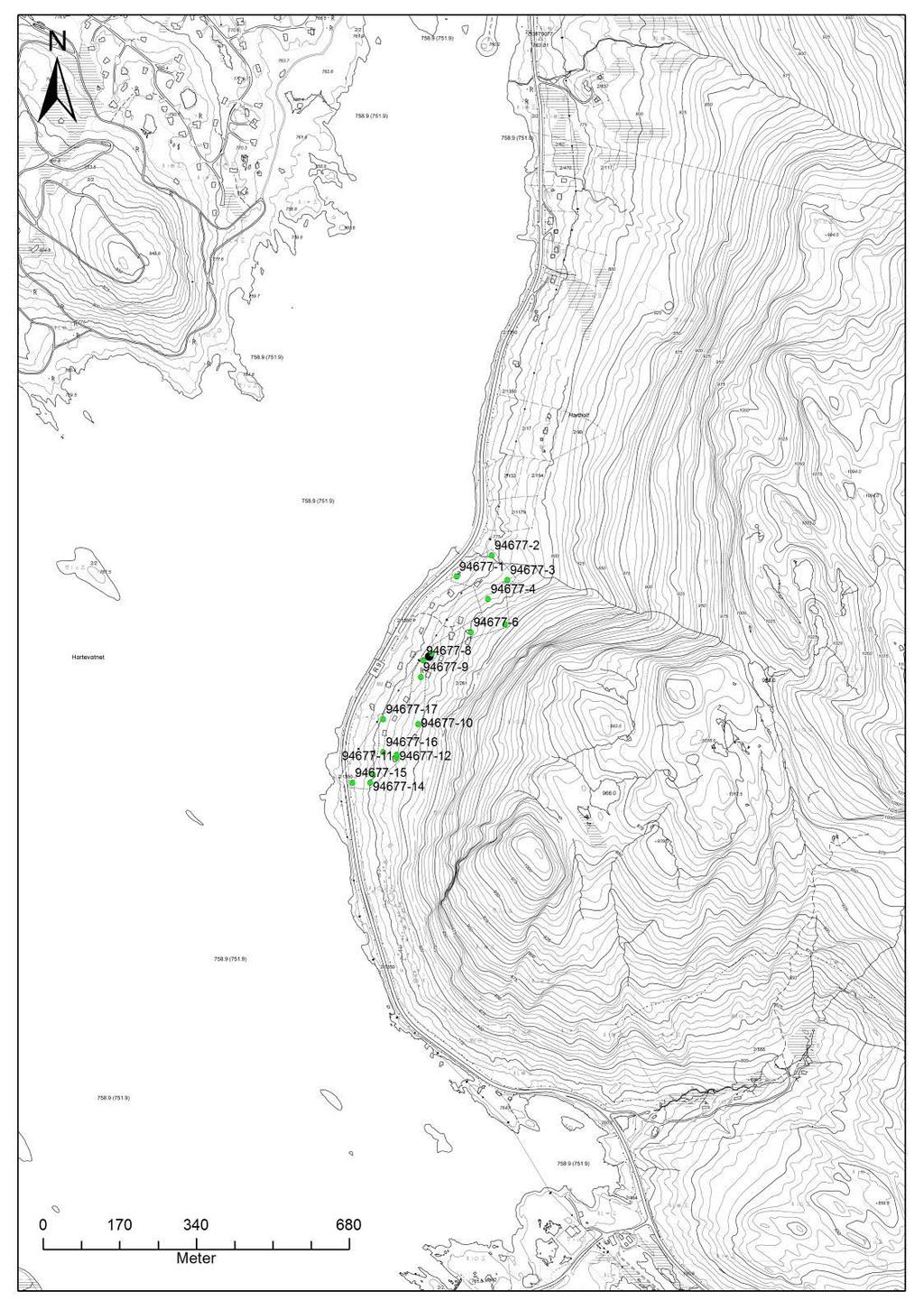 6 UTGRAVNINGSRESULTATER Kart 3: Oversikt over lokalitetens plassering i terrenget ved