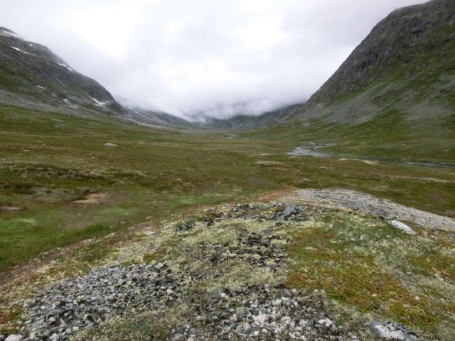 Foto: SNO juli 2016, på begynt ringmur ved Børrebottvatnet. Av omsyn til beiteområdet vil gjetarhytta vera strategisk plassert i nærleiken av den gamle teltplassen (sjå foto under).