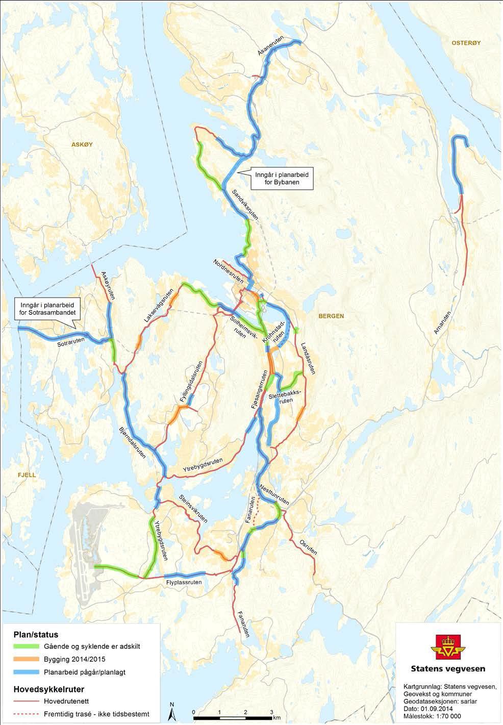 Sykkelstrategi Hovedmål I Bergen skal det være attraktivt og trygt å sykle for alle Innen 2019 skal sykkelandelen i Bergen øke til minst 10 % av alle reiser Hovedvegnettet for sykkel