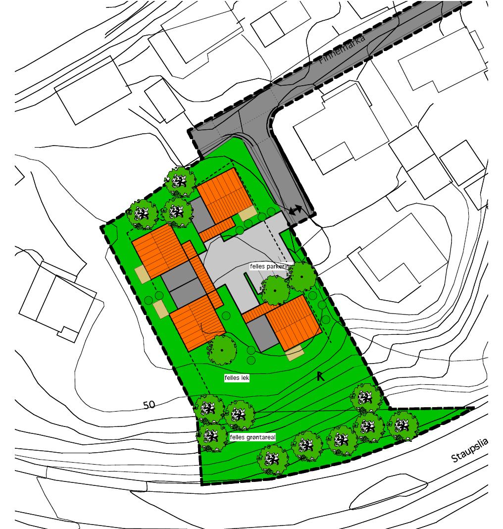 Planforslaget. Bebyggelsen. Ny revidert plan omfatter 4 boligenheter, og tidligere fellesgarasje er erstattet av enkeltgarasje/carport knyttet til den enkelte bolig.