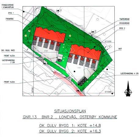 ledd, bokstaf f. Det vert sett som vilkår for dispensasjon at det vert vist 2 parkeringsplassar for kvar bueining, og 25 m2 leikeareal pr bueining.