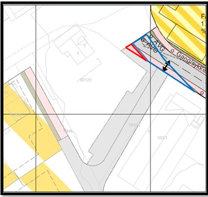 Figur1; Utsnitt av planforslag og reguleringsplan for Leknes sentrum sør. Arealet på 11 m2 som blir berørt i gjeldende plan for Leknes sentrum sør er vist med rød strek.