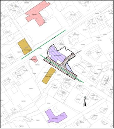 Figur 2. Bildet viser planlagt bebyggelse i forhold til omkringliggende bygg, områder og regulert trafikkareal.