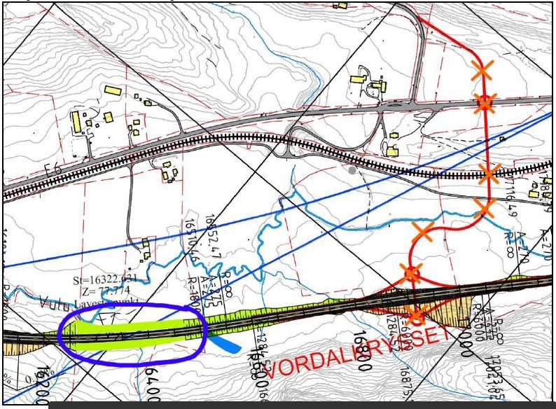 Mulige endringer ved Åsen Ta ut bru over mulig ny jernbanetrasé Ta bort Vordalkrysset, inkl.